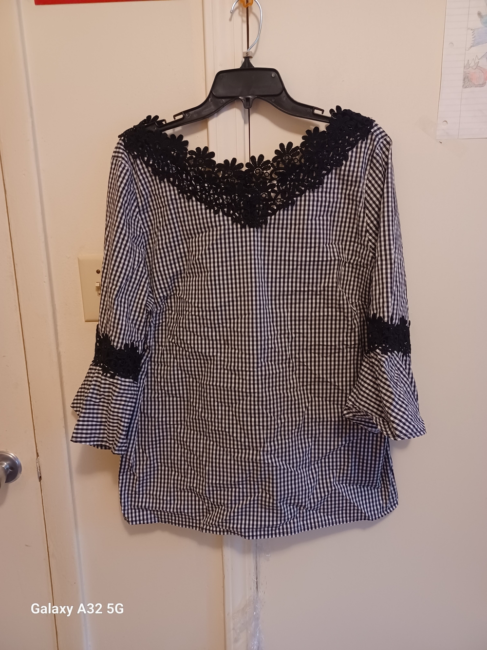 Chico's Black & White Gingham Blouse with Floral Lace V-Neck